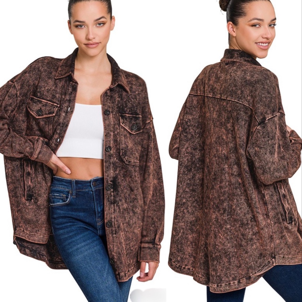 Women's Brown Acid Wash Button Down Shacket